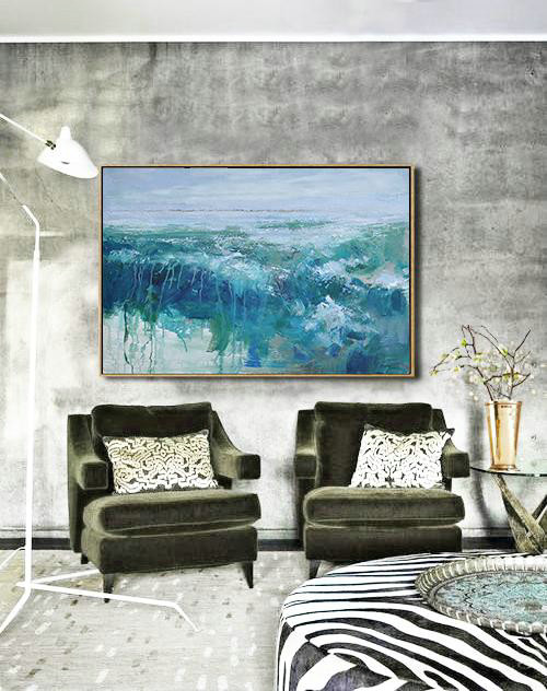 Extra Large Acrylic Painting On Canvas,Horizontal Abstract Landscape Oil Painting On Canvas,Unique Canvas Art Blue,Grey,Green